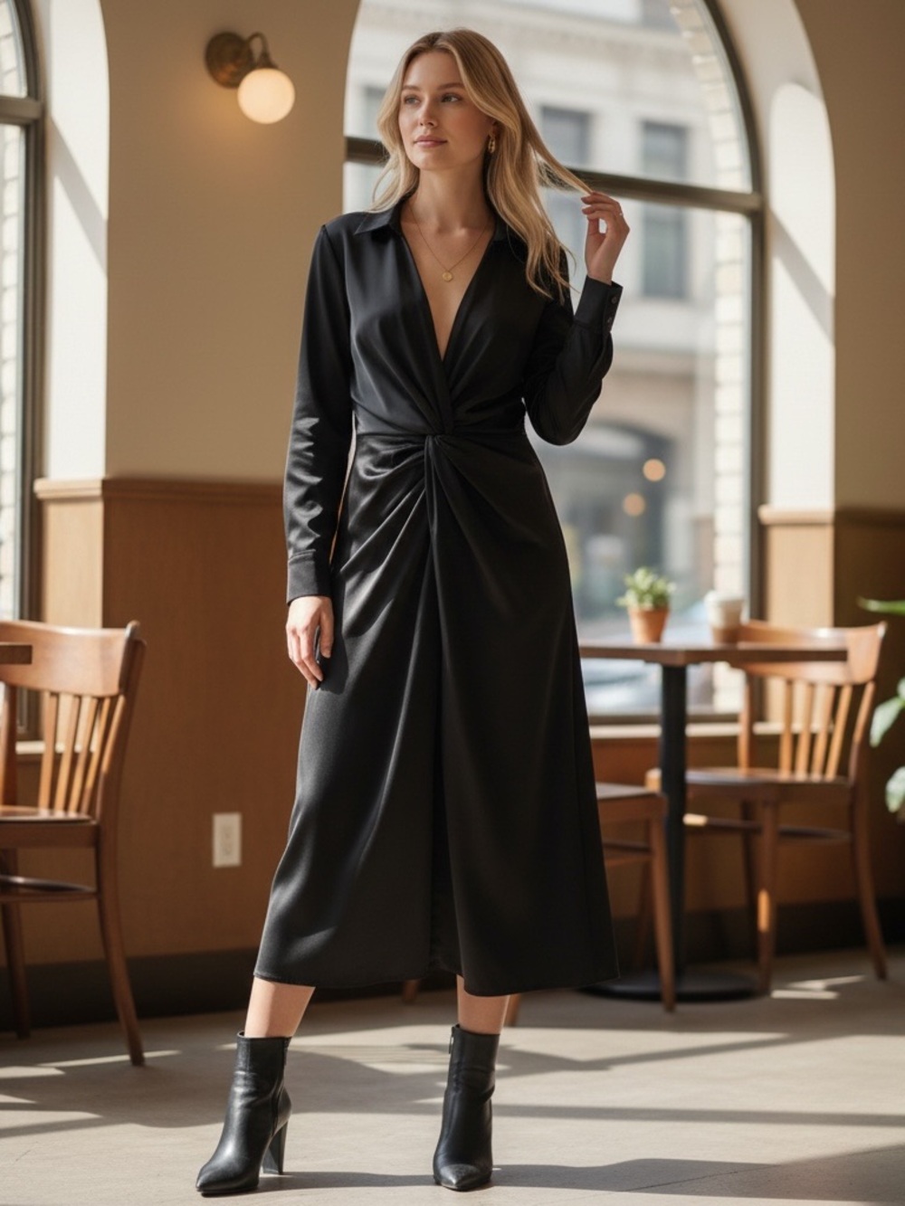 Theory Women's Black Satin Twist-Front Long Sleeve Sheath Dress Size 2 NWT